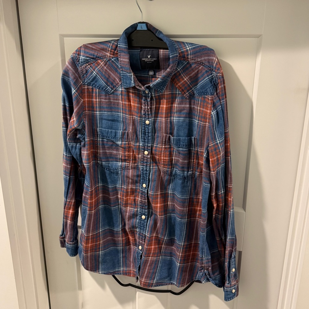 American Eagle Outfitters Boyfriend Fit Blue and Orange Plaid Boyfriend Shirt